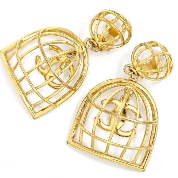 CHANEL CC Logos Bird Cage Basket Clip-On Earrings Gold Tone 29 Auth w/Box - Picture 1 of 8